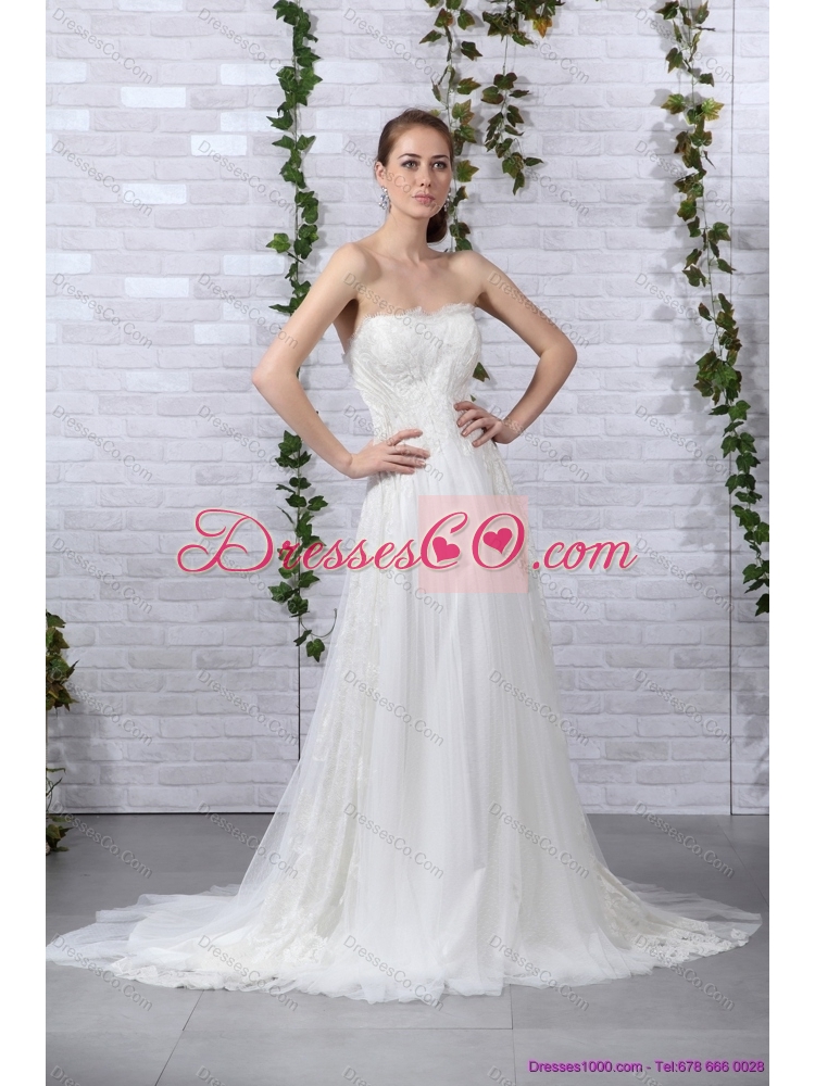 Pretty Ruffled White Strapless Wedding Gowns with Brush Train