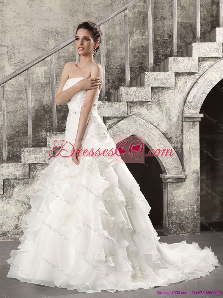 Pretty White Strapless Bridal Gowns with  Brush Train and Ruffles