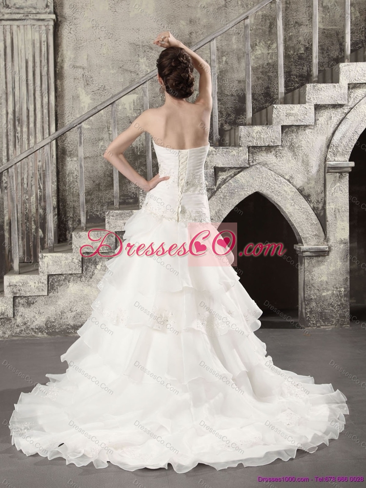 Pretty White Strapless Bridal Gowns with  Brush Train and Ruffles