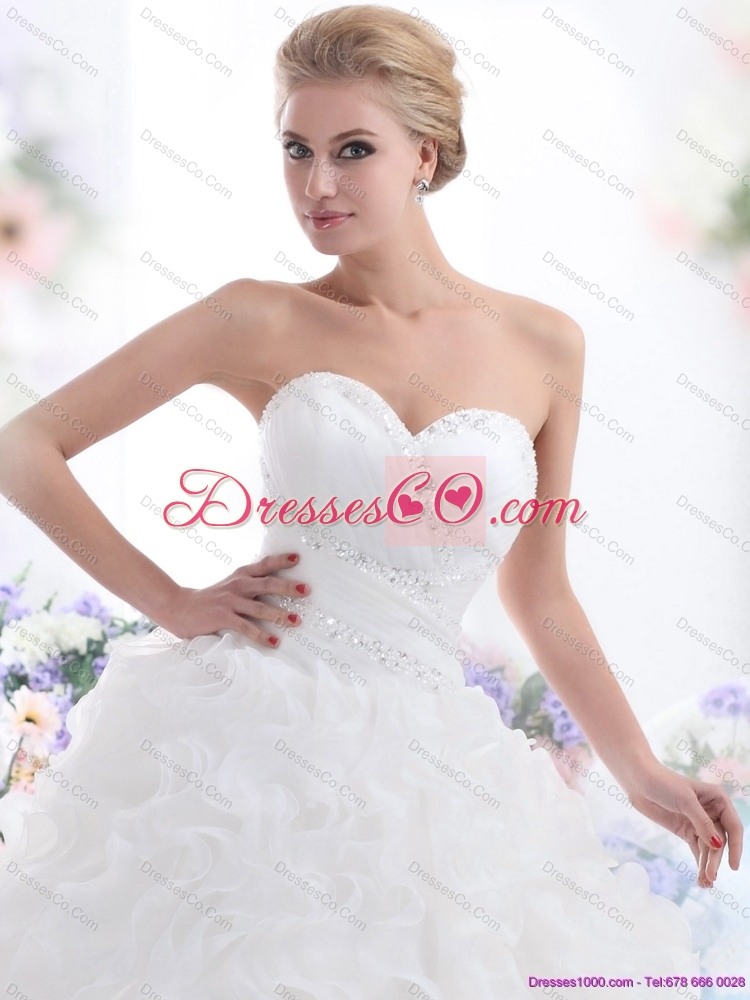 Ruffles and Beading White Wedding Dress with Brush Train