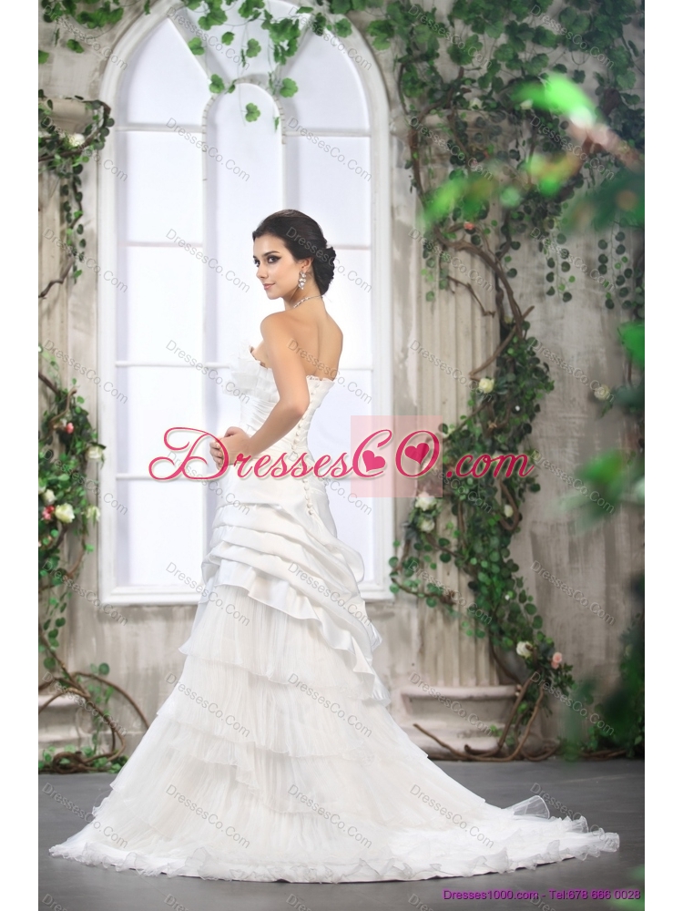 Unique Ruffled Layers White Wedding Dress with Brush Train