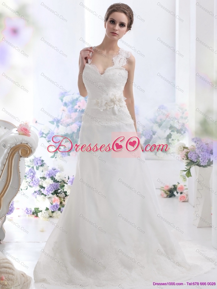 Wonderful A Line Wedding Dress with Lace and Hand Made Flowers