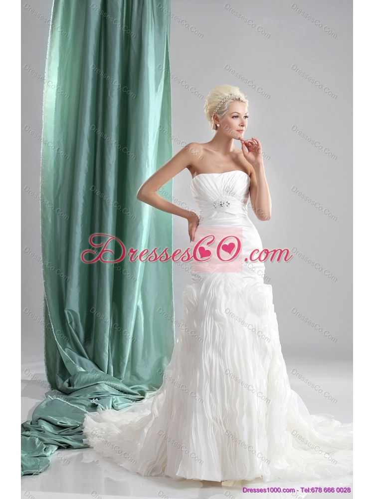 Pleated Sequined White Wedding Dress with Chapel Train