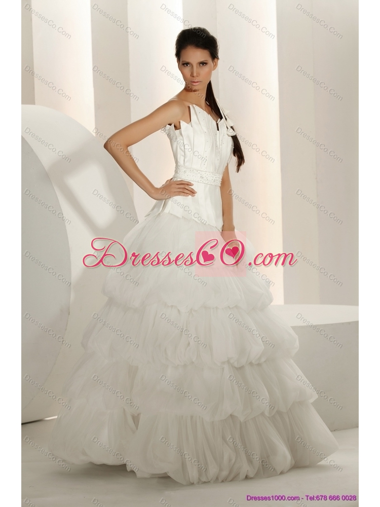 Popular Beaded Strapless White Wedding Dress with Ruffled Layers