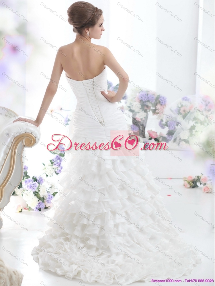 Pretty White Strapless Bridal Gowns with Ruffled Layers and Brush Train