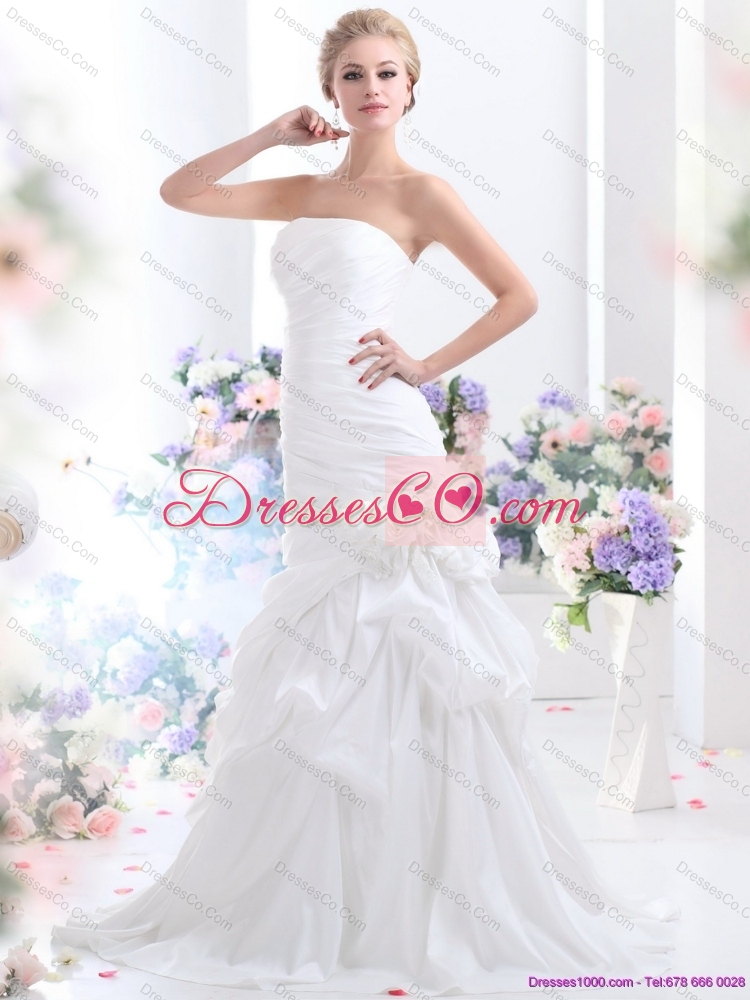 Ruffles Strapless White Bridal Gowns with Hand Made Flower