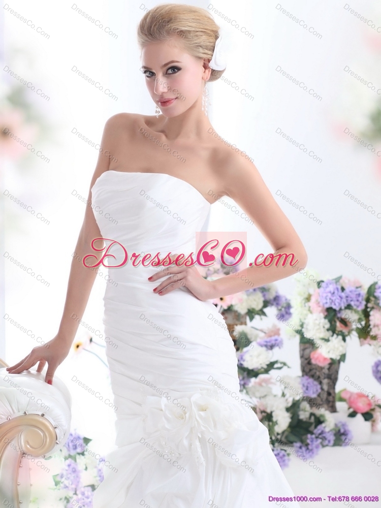 Ruffles Strapless White Bridal Gowns with Hand Made Flower