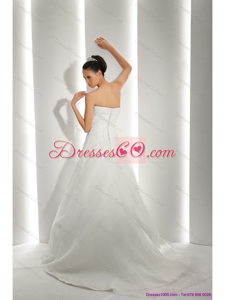 Unique Brush Train Ruching White Wedding Dress with Appliques