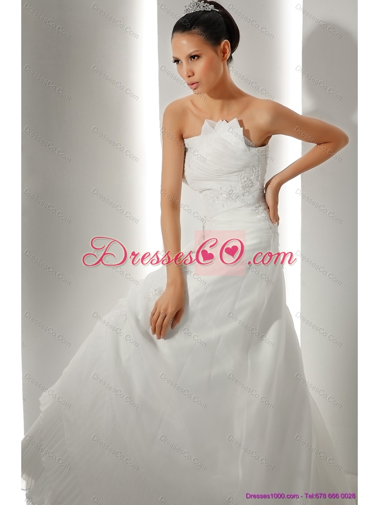 Unique Brush Train Ruching White Wedding Dress with Appliques