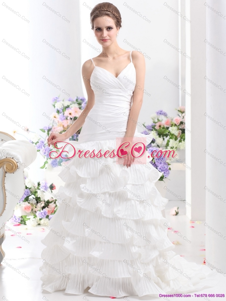 Unique Ruching White Wedding Dress with Ruffled Layers and Brush Train