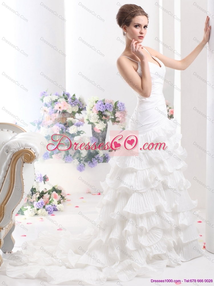 Unique Ruching White Wedding Dress with Ruffled Layers and Brush Train