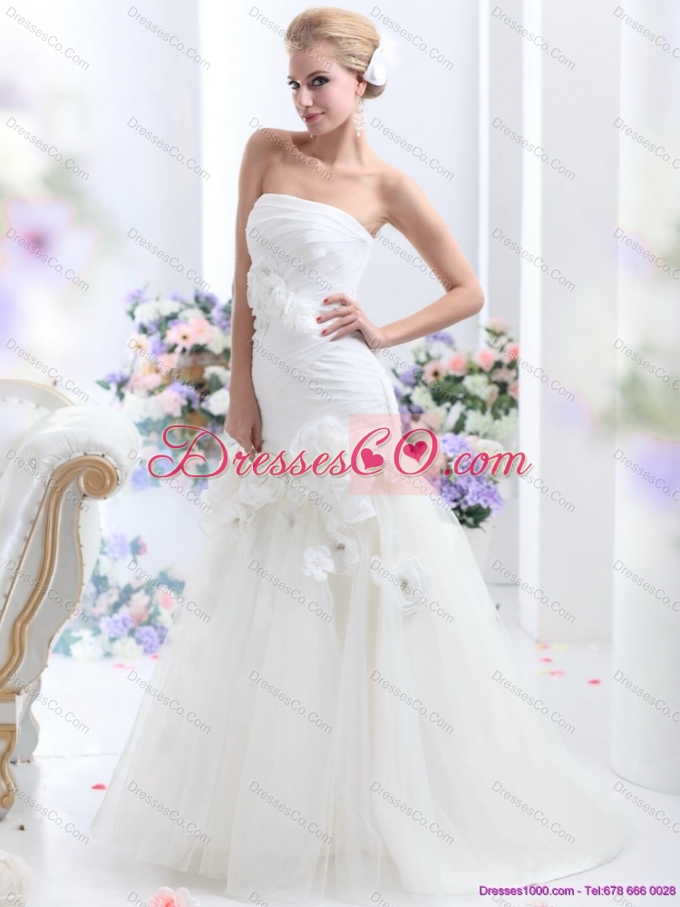 White BrushTrain Strapless Bridal Gowns with Ruching and Hand Made Flowers
