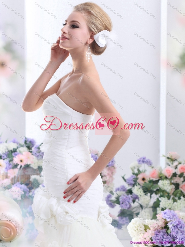 White BrushTrain Strapless Bridal Gowns with Ruching and Hand Made Flowers