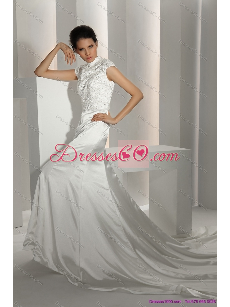White High Neck Wedding Dress with Cathedral Train and Beading