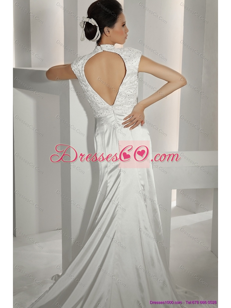 White High Neck Wedding Dress with Cathedral Train and Beading