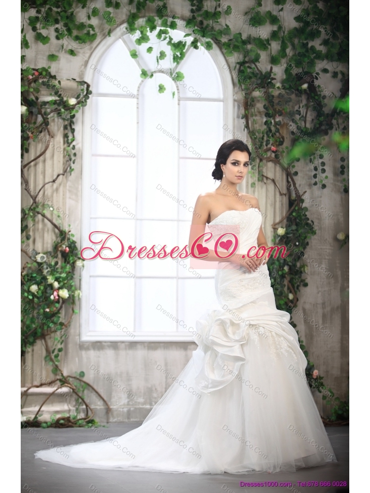 White Strapless Ruffled Wedding Dress with Brush Train