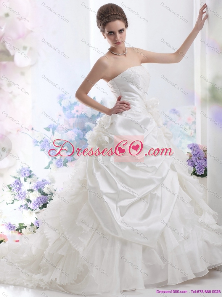 White Strapless Ruffles Bridal Gowns with Chapel Train and Hand Made Flower