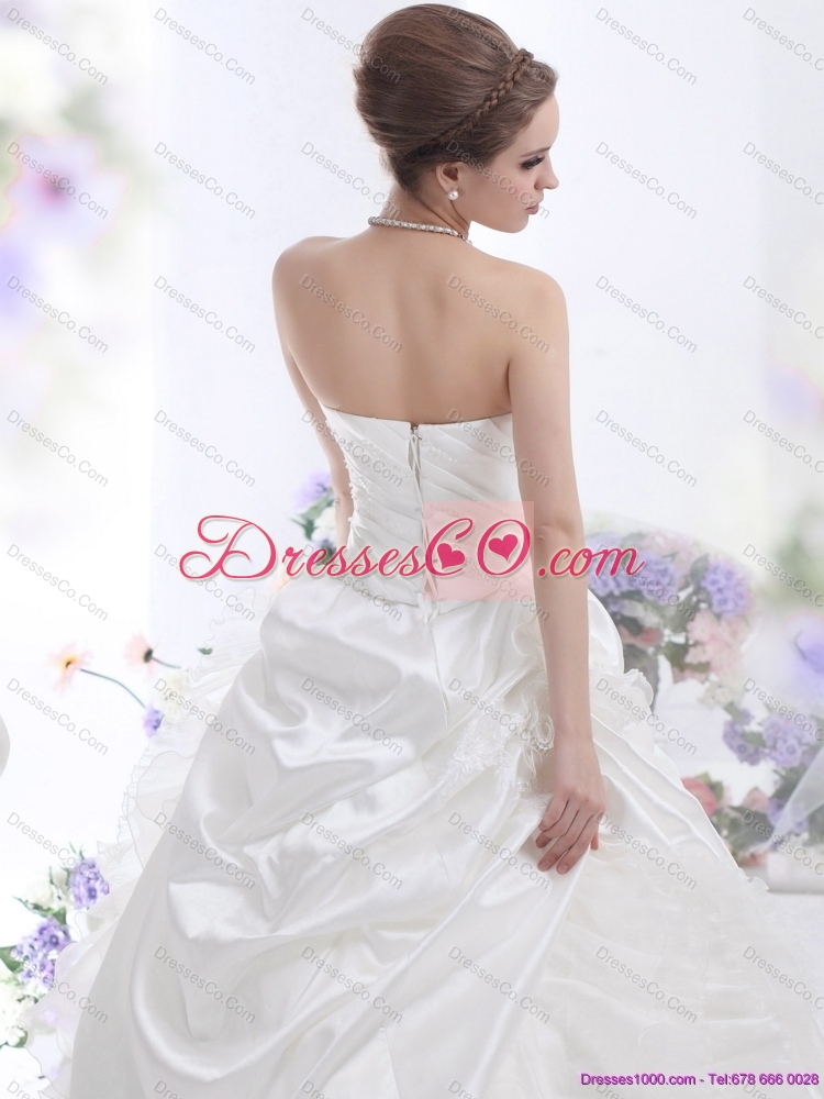 White Strapless Ruffles Bridal Gowns with Chapel Train and Hand Made Flower