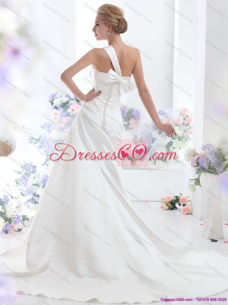 Perfect  One Shoulder Wedding Dress with Ruching and Bowknot