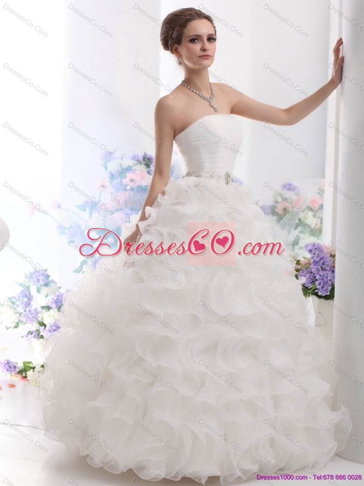 Perfect White Strapless Ruffles and Ruching Wedding Gown for