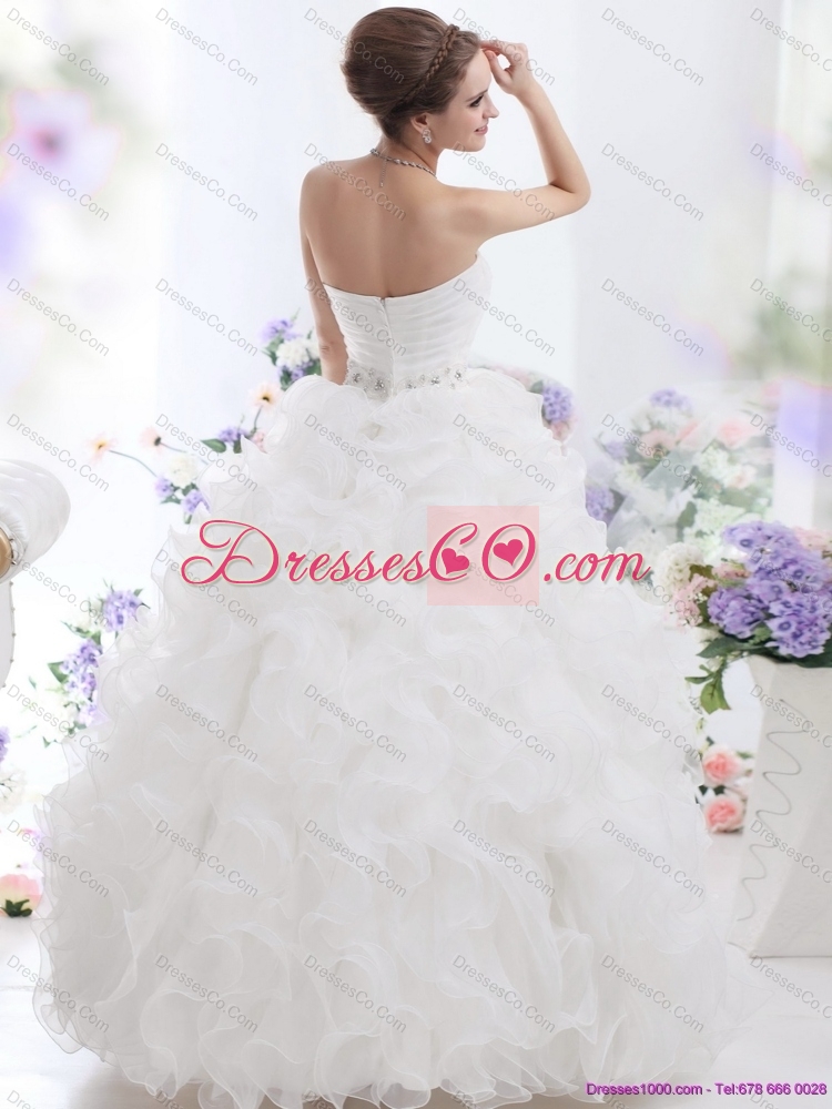 Perfect White Strapless Ruffles and Ruching Wedding Gown for