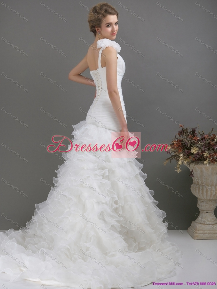Exquisite One Shoulder Wedding Dress with Ruching and Hand Made Flowers