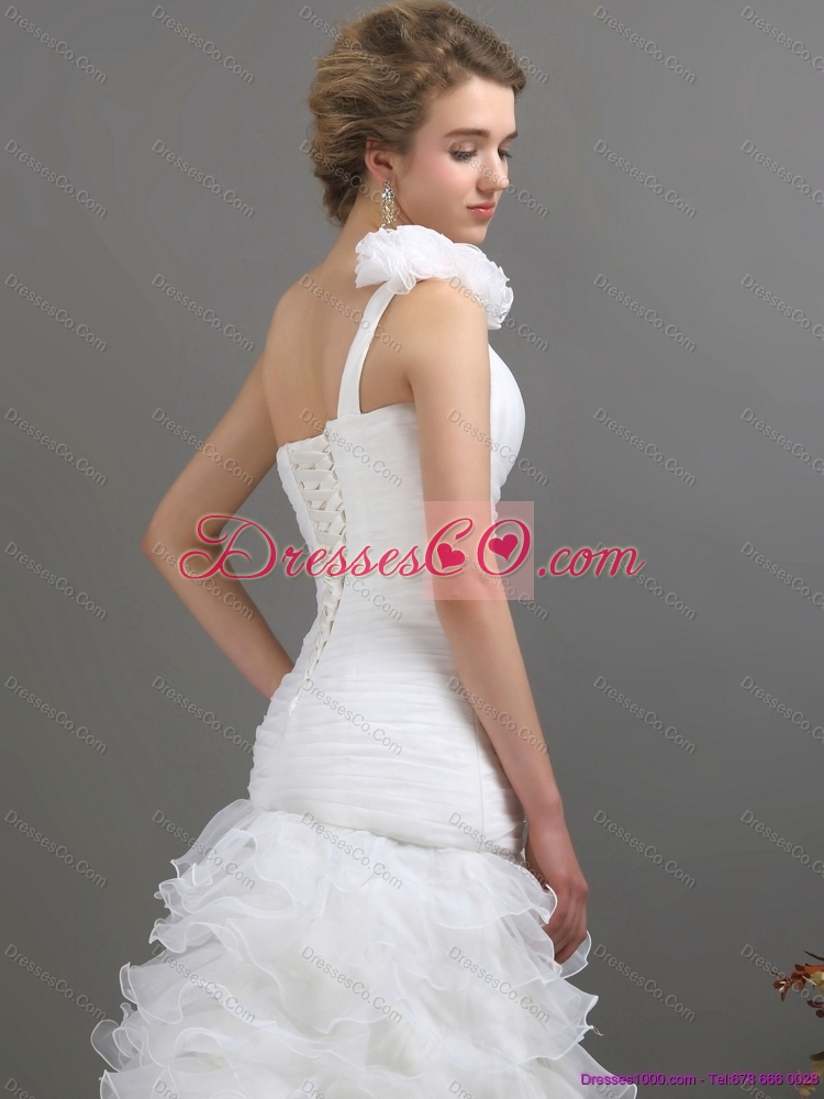 Exquisite One Shoulder Wedding Dress with Ruching and Hand Made Flowers