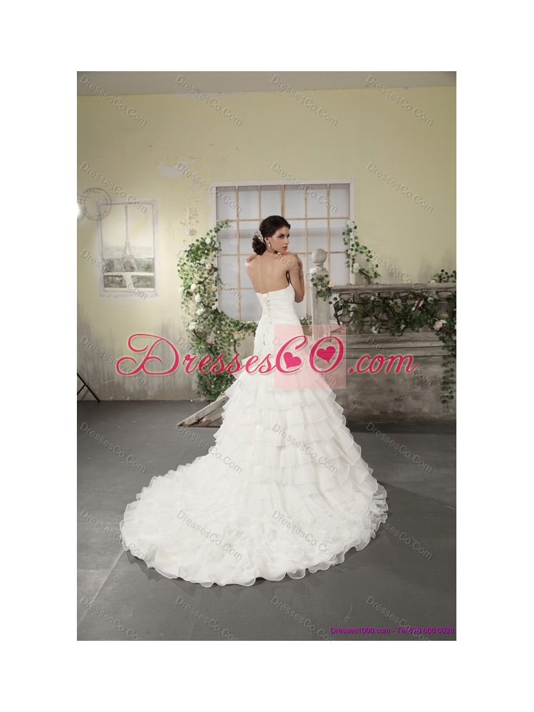 Strapless White Maternity Bridal Gowns with Ruffled Layers and Court Train