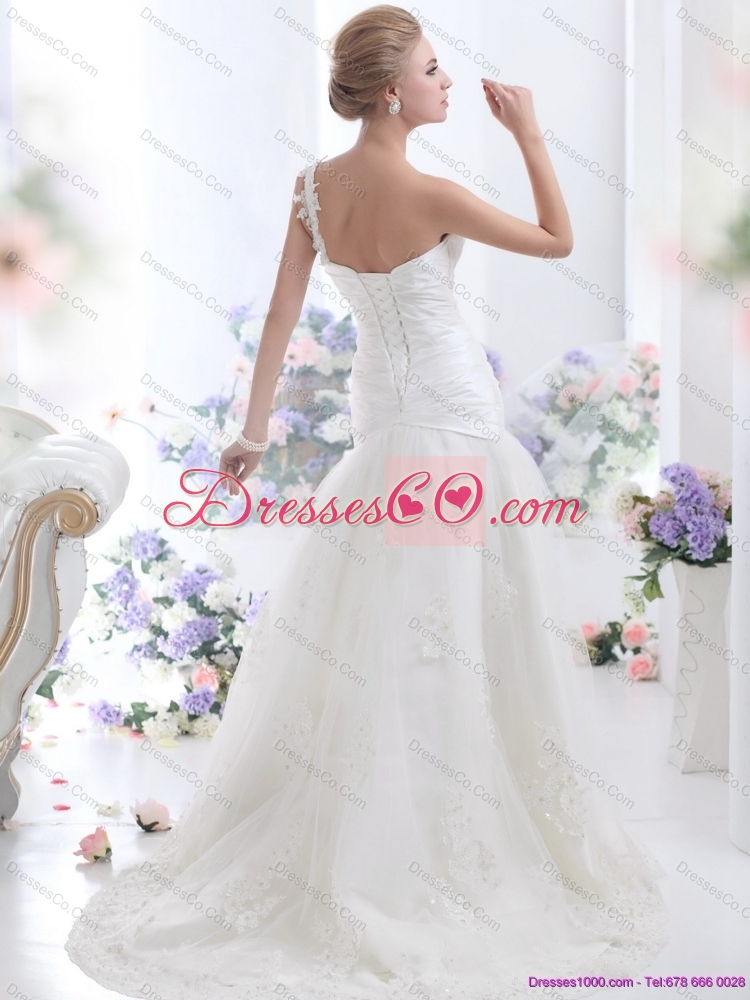 The Super Hot One Shoulder Wedding Dress with Ruching and Lace