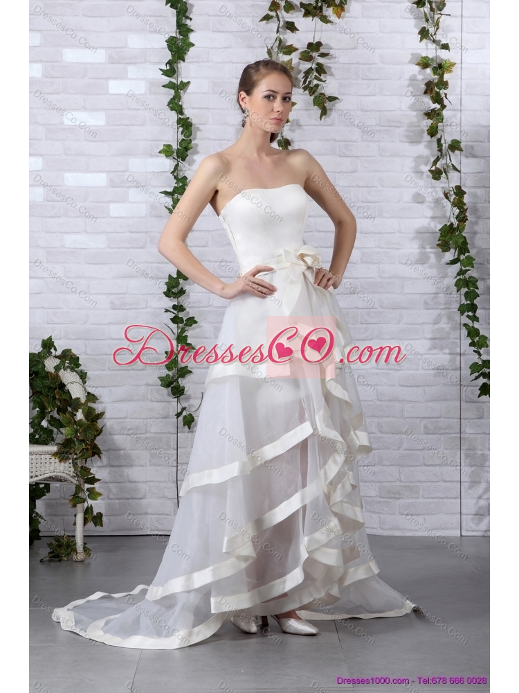 Detachable White Strapless  Short  Wedding Dress with Brush Train and Bownot
