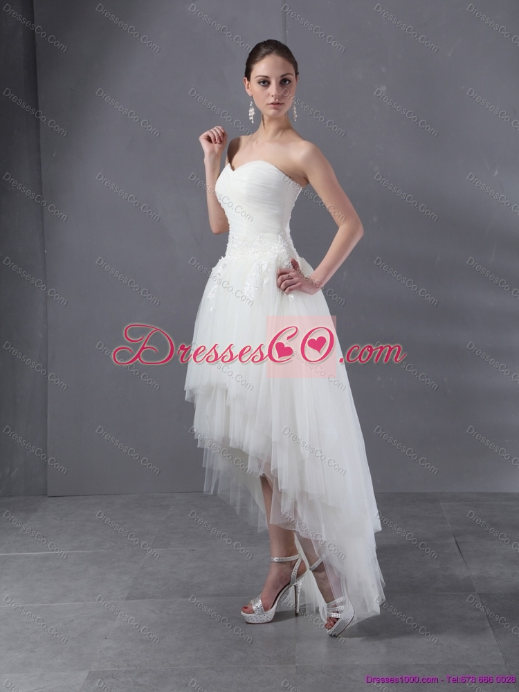 High Low White Short Wedding Dress with Ruching and Appliques