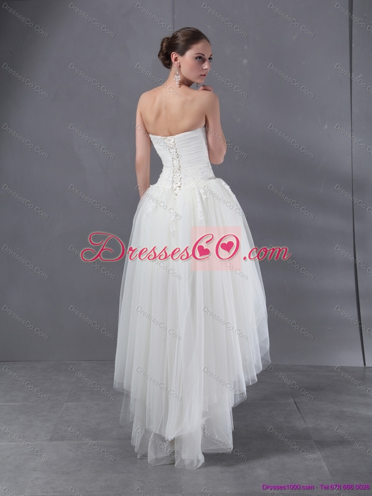 High Low White Short Wedding Dress with Ruching and Appliques