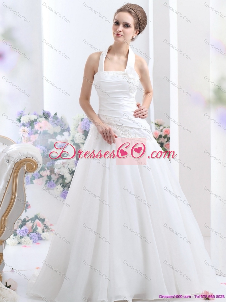 Modest  Halter Top Wedding Dress with Ruching and Hand Made Flowers