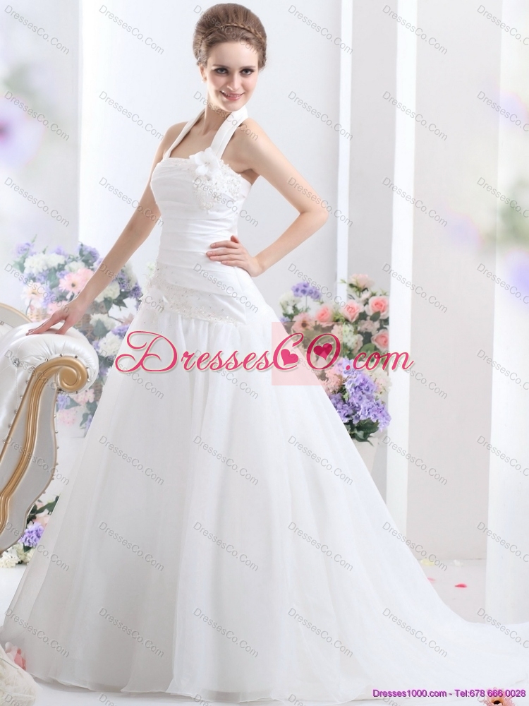 Modest  Halter Top Wedding Dress with Ruching and Hand Made Flowers