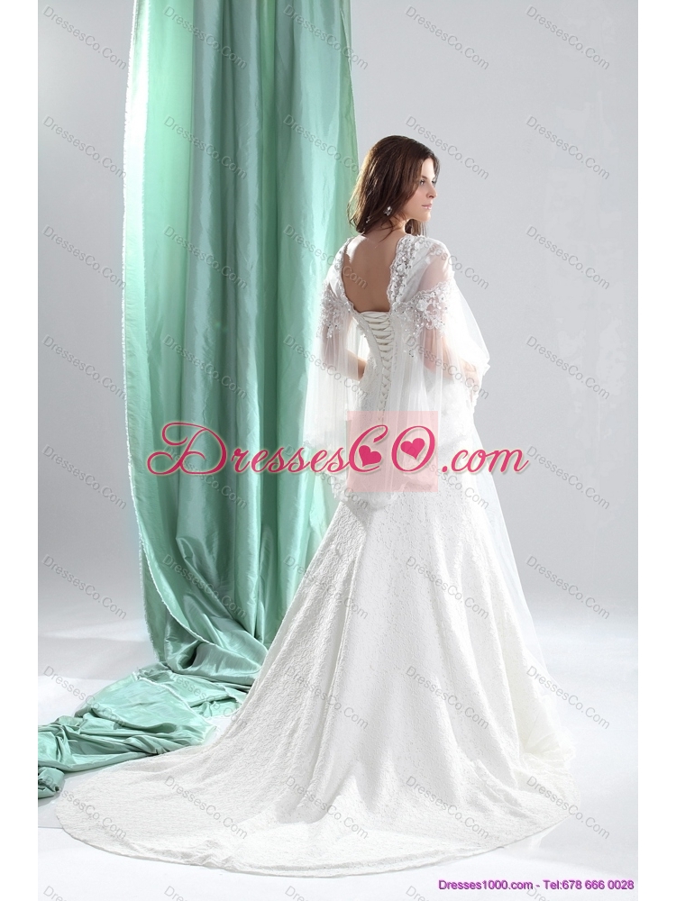 Pretty  V Neck Wedding Dress with Beading and and Ruching