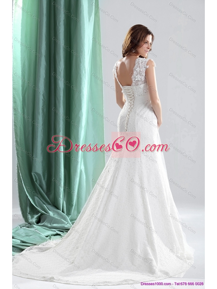 Pretty  V Neck Wedding Dress with Beading and and Ruching