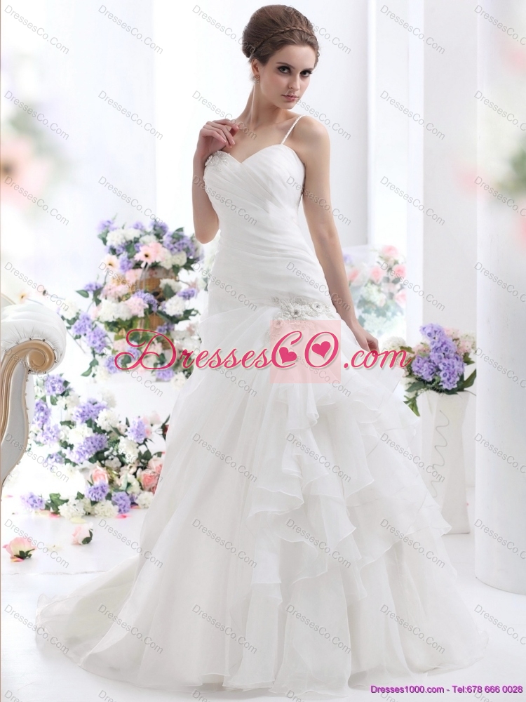 Ruched White Maternity Wedding Dress with Brush Train and Appliques