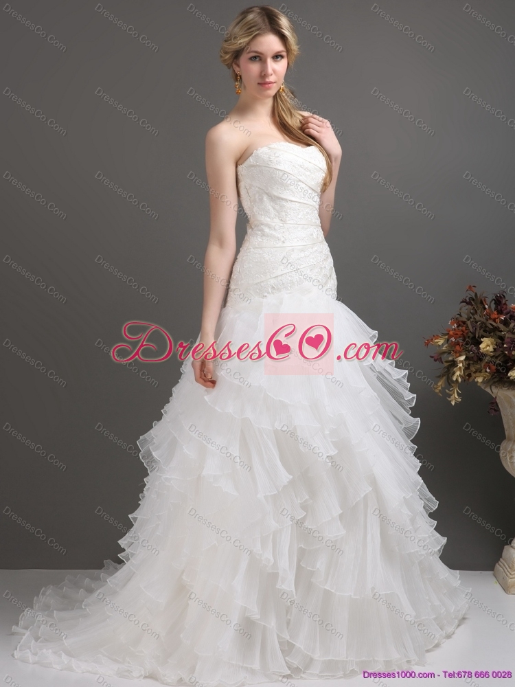 White Strapless Pleated Maternity Wedding Dress with Ruffled Layers