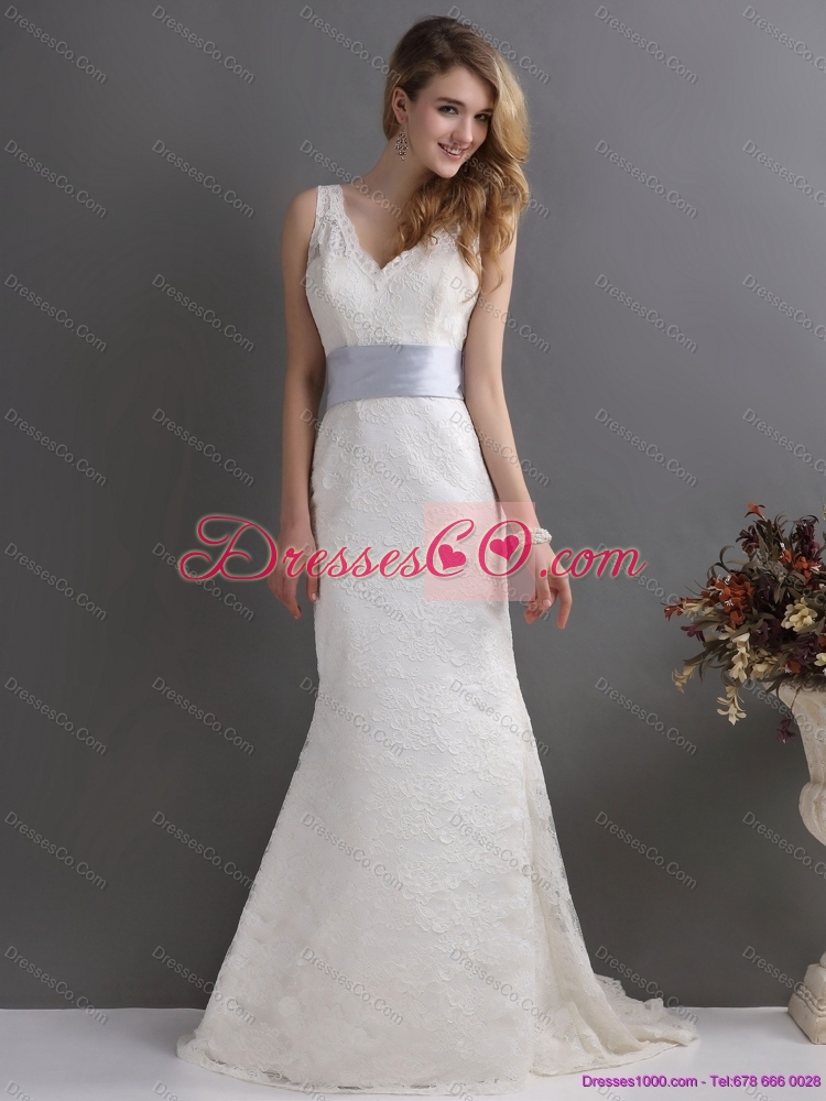 Classical V Neck Lace and Sash Wedding Dress