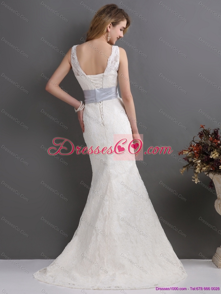 Classical V Neck Lace and Sash Wedding Dress