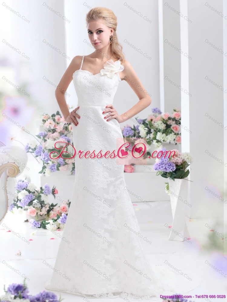 Discount White Column Lace Wedding Dress with Brush Train and Hand Made Flower