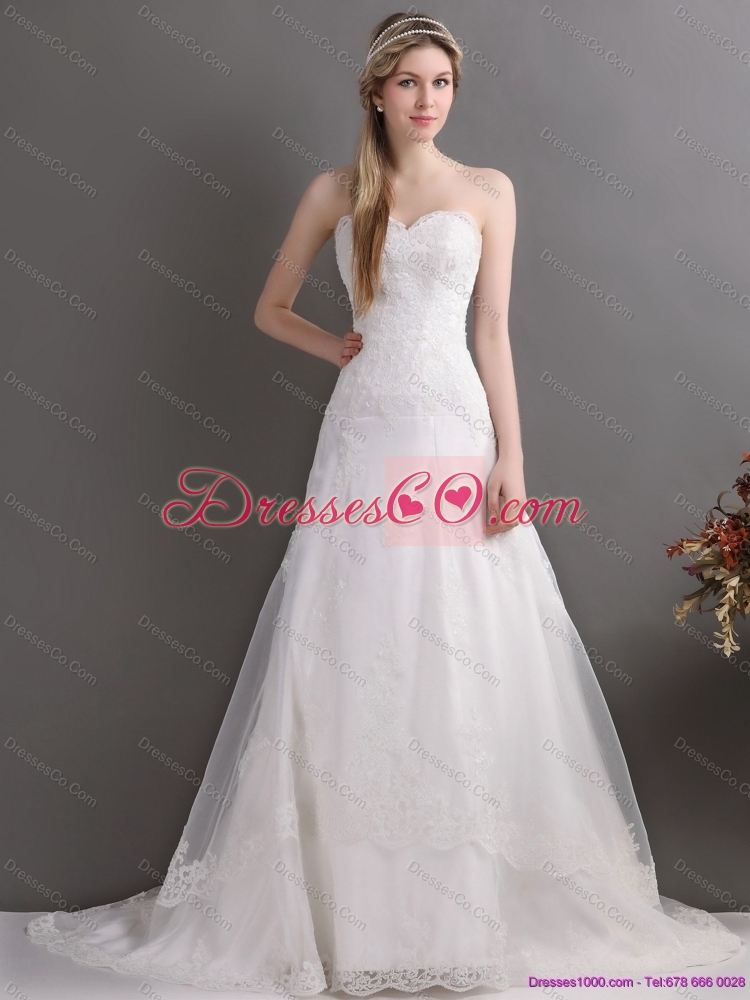 Gorgeous Laced Brush Train White Lace Wedding Dress in White