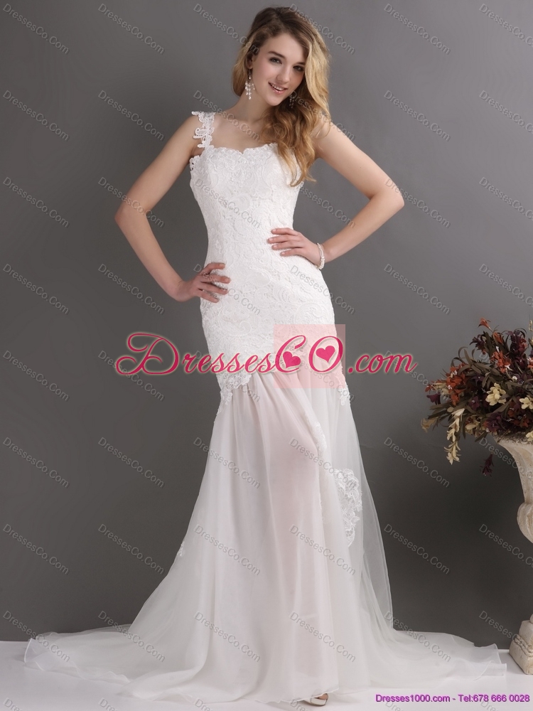 Laced White One Shoulder Lace  Wedding Gowns with Chapel Train