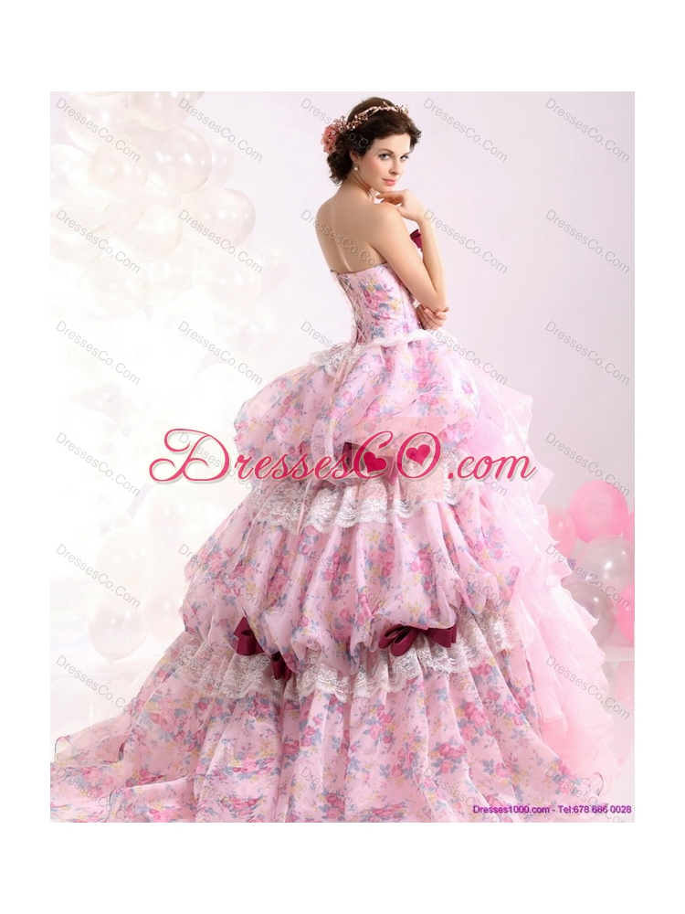 Multi Color Ball Gown Ruffles Lace  Wedding Dress with Lace and Bownot