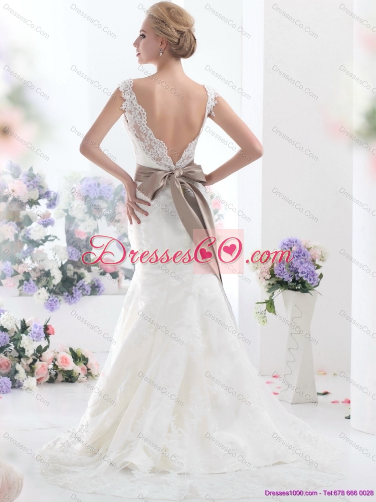 Perfect White Backless Wedding Dress with Sash and Lace