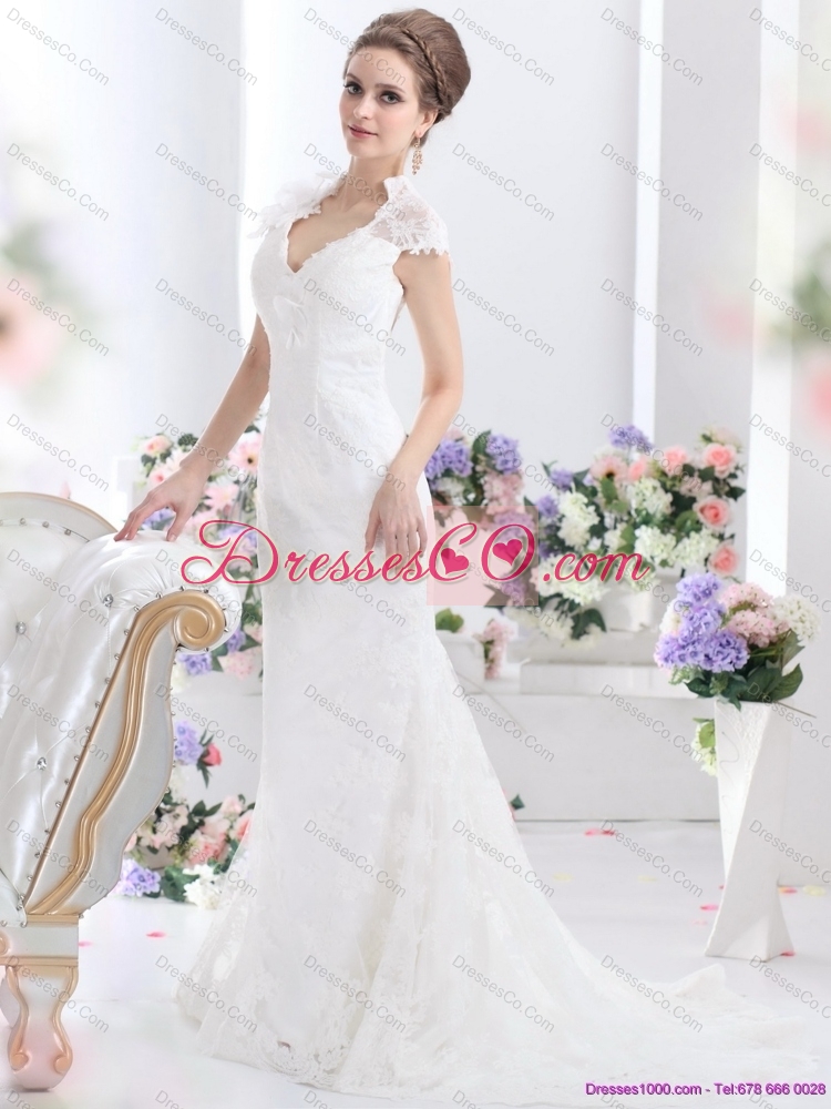 Popular White V Neck Lace  Bridal Gown with Brush Train