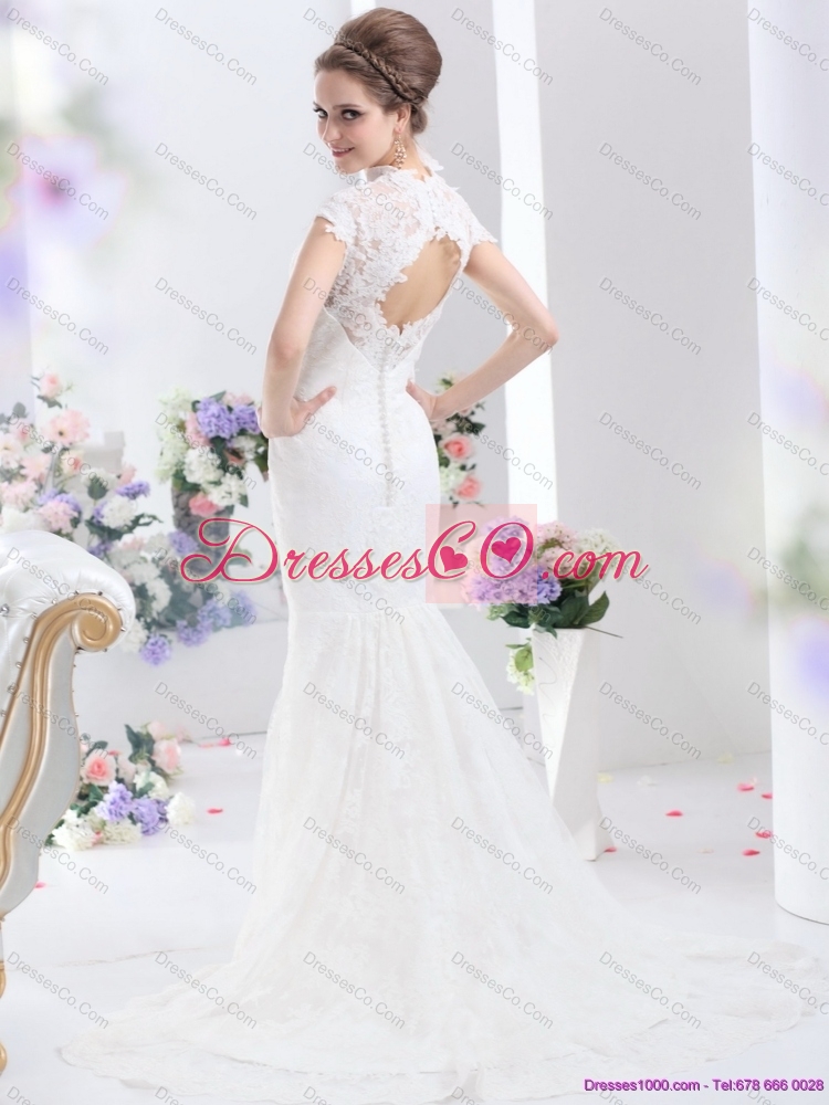 Popular White V Neck Lace  Bridal Gown with Brush Train