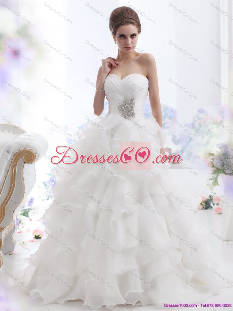 Pretty Beading and Ruffled Layers Brush Train Wedding Dress in White