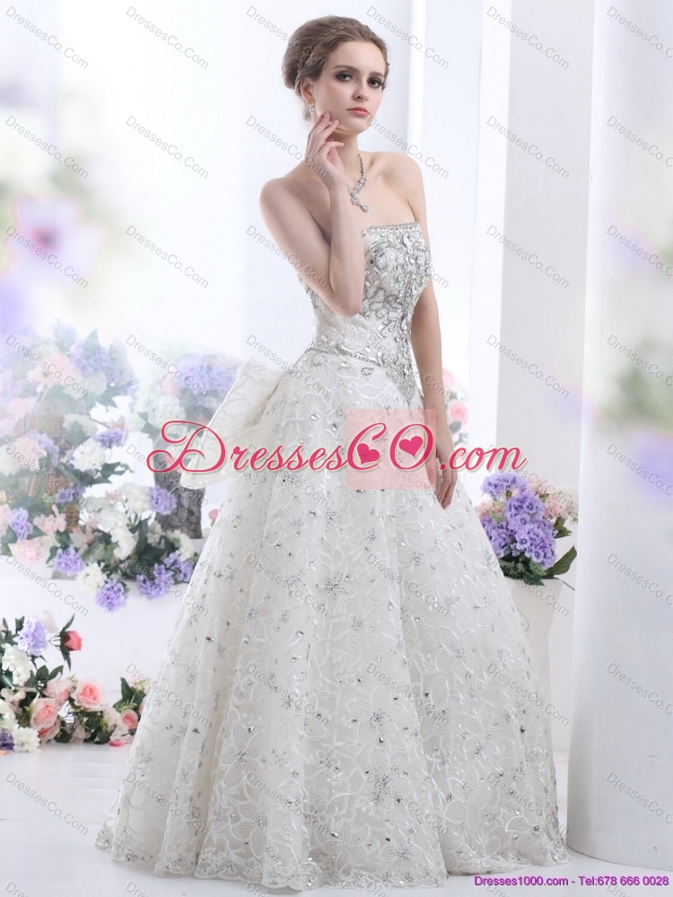 Pretty Strapless Bownot White Lace Wedding Dress with Rhinestones