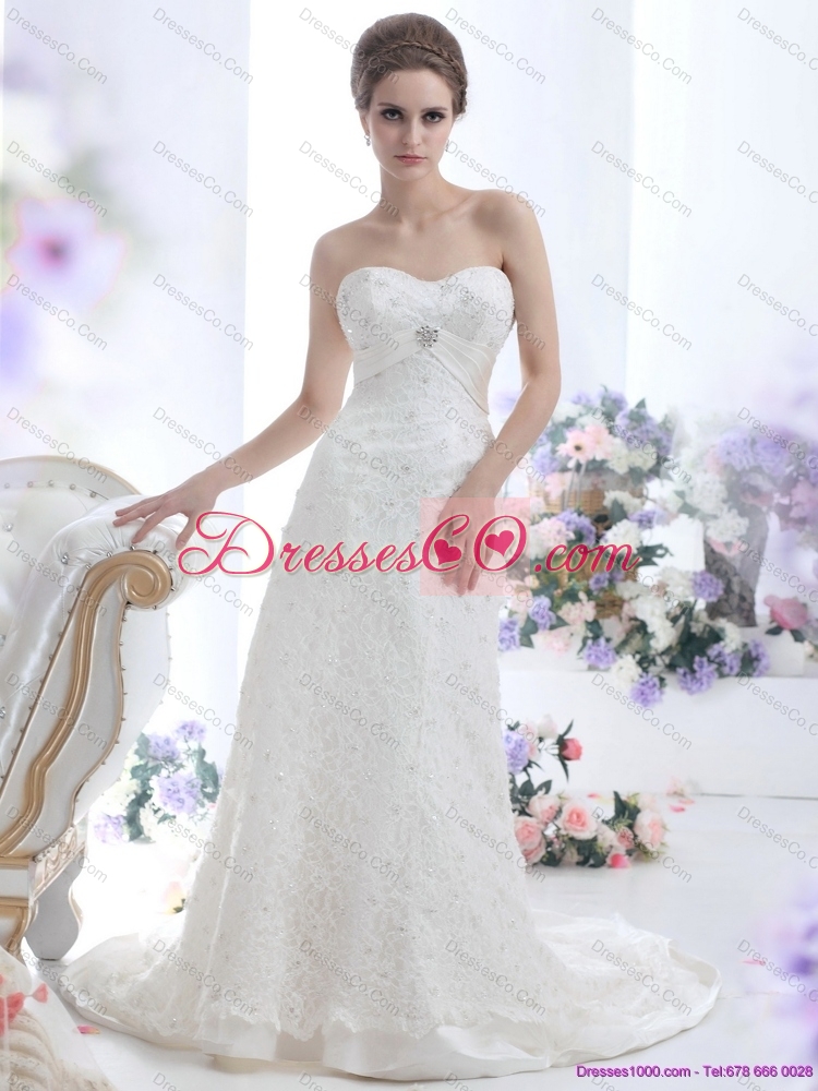 Pretty White Beading  Lace Wedding Dress with  Brush Train